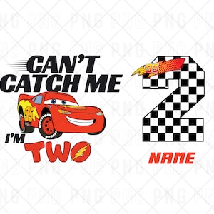 May include: A digital graphic featuring a red race car with the number 95, the text CAN'T CATCH ME I'M TWO, and a large number 2 with a black and white checkered pattern. A red lightning bolt icon is included, and the word NAME appears in red text.