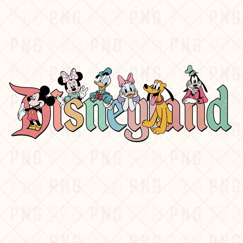 May include: A vintage-style Disneyland logo with a pastel color scheme. Mickey Mouse, Minnie Mouse, Donald Duck, Daisy Duck, Pluto, and Goofy are featured in the design.