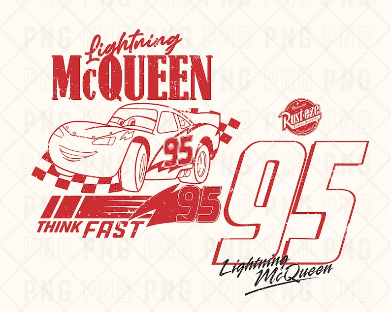 Może przedstawiać: Czerwony kresk&oacute;wkowy samoch&oacute;d wyścigowy z numerem 95 z boku i napisami "Lightning McQueen" i "Think Fast" na dole. Samoch&oacute;d znajduje się na białym tle z czerwoną szachownicą.