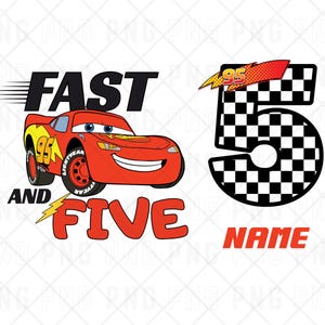 May include: A graphic design featuring a red race car with the number 95, the text FAST AND FIVE, a large number 5 with a black and white checkered pattern, a small lightning bolt, and the word NAME in red capital letters below the number 5.