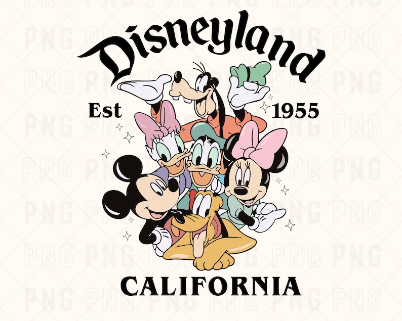 May include: A colorful illustration of Mickey Mouse, Minnie Mouse, Goofy, Donald Duck, and Pluto in front of the Disneyland logo. The logo says "Disneyland" with "Est" and "1955" below it. The text "CALIFORNIA" is below the characters.