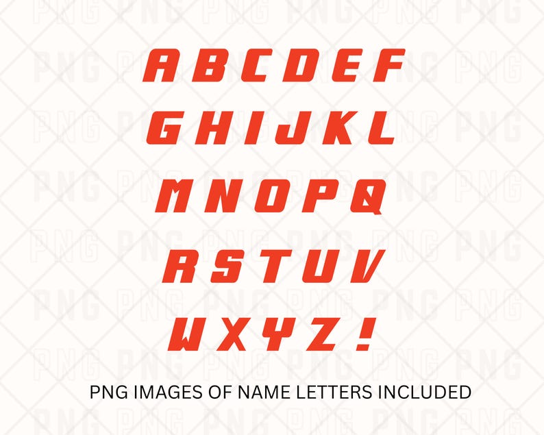 Peut inclure: L'alphabet rouge inclin&eacute; de A &agrave; Z et un point d'exclamation sont affich&eacute;s sur un fond blanc. Le texte "PNG IMAGES OF NAME LETTERS INCLUDED" est en dessous des lettres.