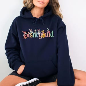 May include: A navy blue hoodie with a colorful Disneyland graphic featuring Mickey Mouse, Minnie Mouse, Donald Duck, Goofy, Pluto, and Daisy Duck.