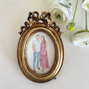 Custom Watercolor Painting, Small Vintage Oval Picture Frame, Custom Portrait, Couple Painting, Table Top Display, Vintage Bow Frame