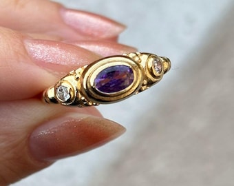 Gold Plated Brass Ring: Adjustable Vintage Boho Gemstone Ring -Gift for Sister