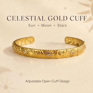 May include: A gold-tone open-cuff bracelet featuring embossed sun, moon, and star motifs with small embedded clear stones. The text CELESTIAL GOLD CUFF, Sun • Moon • Stars, and Adjustable Open-Cuff Design are visible in the image.