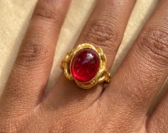 Red Stone Baroque Gold Ring, Adjustable