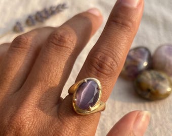 Large Oval Purple Stone Gold Statement Ring, Adjustable