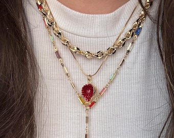 Conjunto de talismán de prosperidad, granate rojo y clip de papel dorado superpuesto, joyería de playa de verano, regalo de joyería significativo