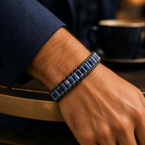 Lapis Lazuli och svart läderarmband med magnetlås