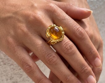 Amber Stone Baroque Gold Ring, Adjustable