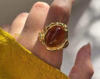 Statement Baroque Yellow Stone Ring - Adjustable Thick Vintage Gold Plated Ring - Gift For Her