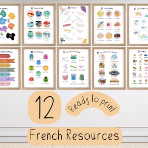 Conjunto de carteles educativos en francés para la educación en el hogar, el aprendizaje del idioma francés, los colores, la ropa, los lugares, los animales, los alimentos, los números y el clima en el aula