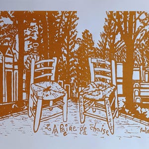 Manifesto - serigrafia Parigi XX: Père Lachaise - la coppia di sedie.  Opera originale di Matrey