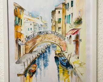 Venice watercolor hand painted original art Venice Canal Paint Heandmade Water Painting Art with Frame 30X40