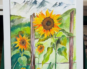 Watercolor Sunflower, Yellow Wall Art, Set of 4 Summer Sunflower Watercolor Painting with frame, Sunflower Wall Art , Living Room Gift Idea