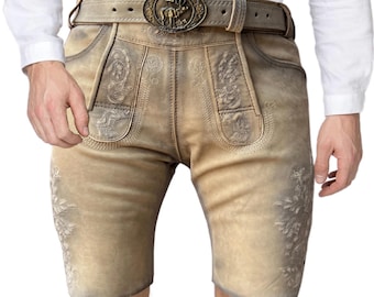sais Lederhose Herren Kurz Trachtenhose mit Gürtel, speckig Antik-Wildbock Oktoberfest Lederhose Gr 46-58