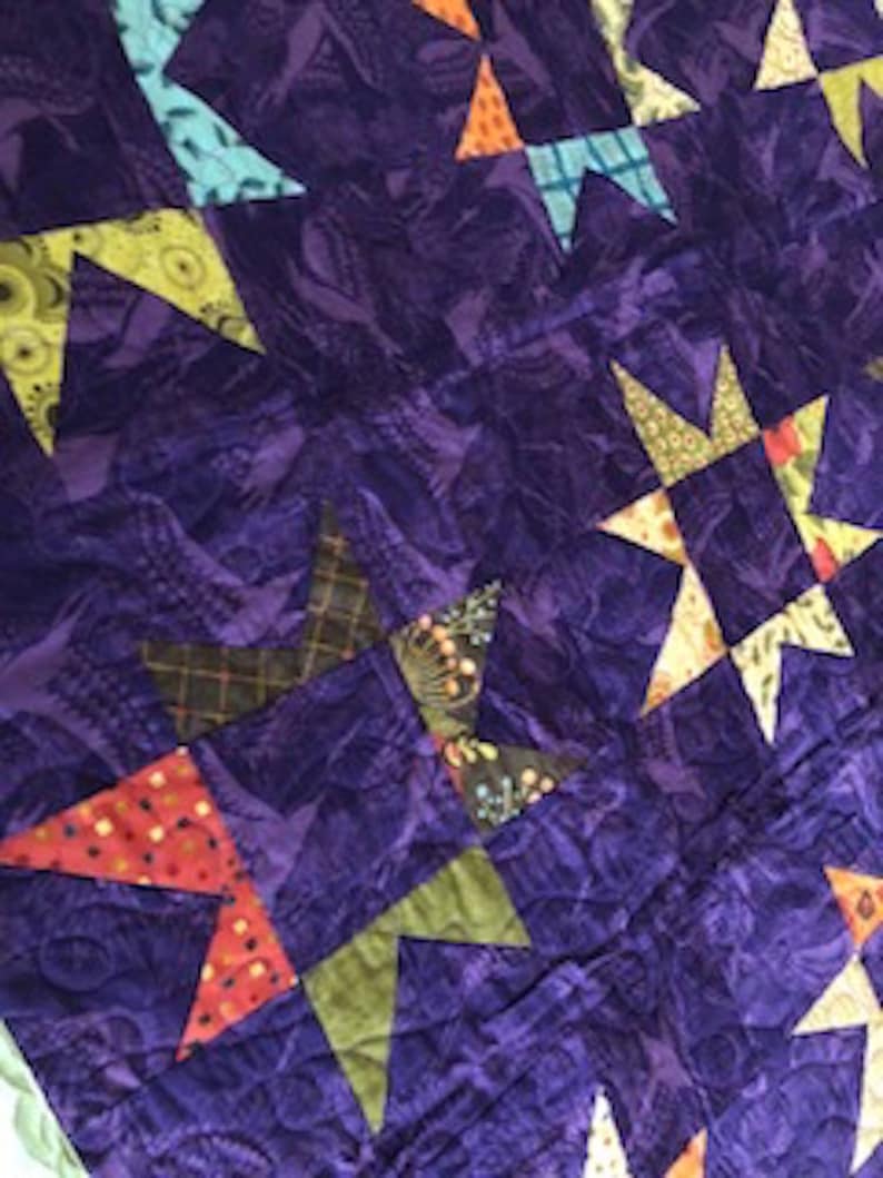 38x51 Reversible Purple Asian Stars Cranes Traditional Floral Patchwork Quilt Home Office Decor Handmade Tabletopper Crib Lap Size