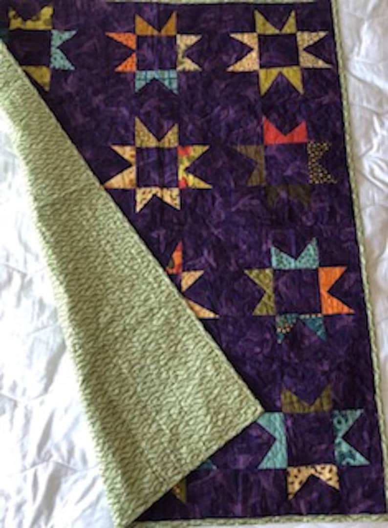 38x51 Reversible Purple Asian Stars Cranes Traditional Floral Patchwork Quilt Home Office Decor Handmade Tabletopper Crib Lap Size