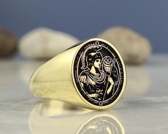 Athena Owl Signet Ring: Gold-Plated Sterling Silver Greek Mythology Jewelry