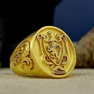 Gold Vermeil Family Crest Signet Ring – Custom Coat of Arms Ring for Men & Women – Engraved Oval Heritage Jewelry Gift