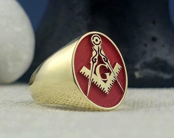 Masonic Siegelring: Vergoldeter Siegelring mit roter Emaille