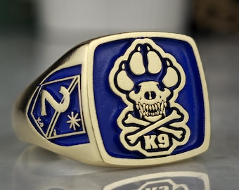 Custom Motorcycle Club Ring | Blue Enamel Signet Ring | Personalized Biker Shield Ring | Sterling Silver Statement Jewelry