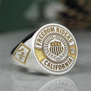 Custom Motorcycle Club Ring | 1% Biker Signet Ring | Two-Tone Silver and Gold MC Jewelry | Personalized Brotherhood Gift for Men