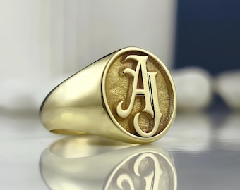 Anillo con sello inicial personalizado: monograma grabado, plata de ley u oro