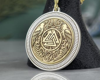Ciondolo Valknut placcato oro • Collana in argento sterling con corvi norreni di Odino