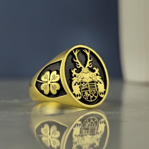 Custom Family Crest Signet Ring – Gold Plated or Sterling Silver – Personalized Coat of Arms Ring – Handmade Heirloom Gift