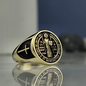 St. Benedict Ring – Gold-Plated 925 Silver Religious Protection Jewelry – Catholic Cross Signet Ring for Men -Women