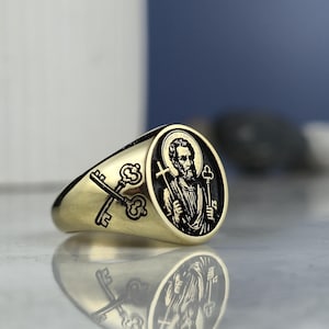 Saint Peter Signet Ring – Gold Plated 925 Silver Religious Ring with Keys of Heaven Design, Christian Jewelry