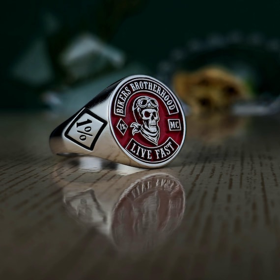 Biker Brotherhood Ring • 1% Outlaw Motorcycle Club Jewelry • Sterling Silver Skull Biker Signet Ring • Live Fast Moto Ring Gift • 925 silver