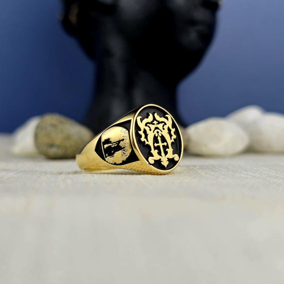 Personalized Silver Signet Ring: Cross & Gothic Symbol Engraved