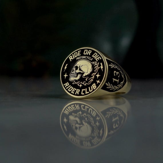 Ride or Die Skull Ring • Custom Engraved Gold Plated 925 Sterling Silver Biker Club Jewelry • Motorcycle MC Rider Ring for Men