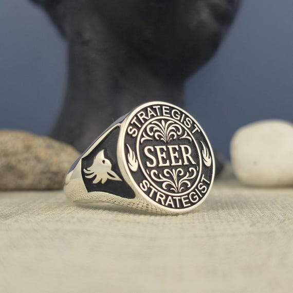 Handmade Sterling Silver Signet Ring: Engraved Deer, Seer Strategist