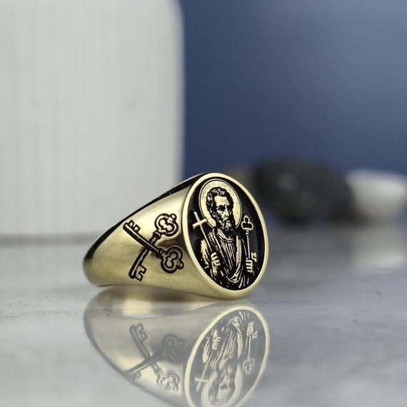 Saint Peter Signet Ring – Gold Plated 925 Silver Religious Ring with Keys of Heaven Design, Christian Jewelry