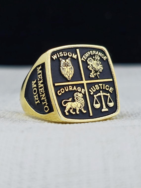 Wisdom Signet Ring – Gold-Plated Lion and Owl Design – Justice, Courage, Temperance Inspired Jewelry Gift