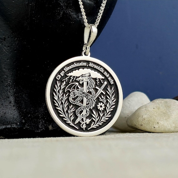 Sterling Silver Dragon Sword Pendant: Irish Motto Necklace