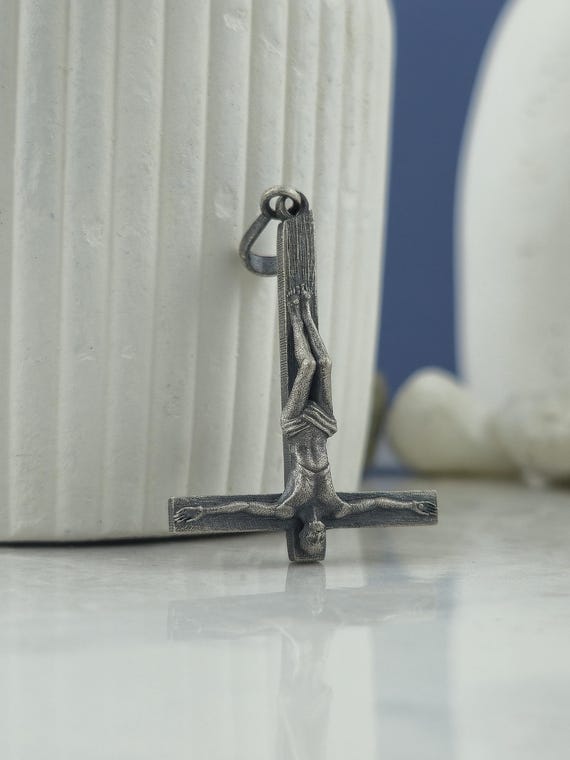 Saint Peter Upside Down Crucifix Pendant - 925 Sterling Silver 3D Handmade Necklace - Unique Religious Jewelry for Men and Women