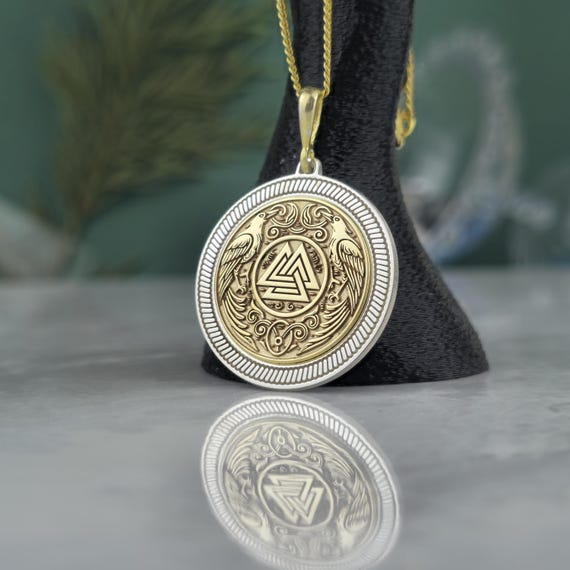 Gold Plated Valknut Pendant • Sterling Silver Norse Odin Ravens Necklace