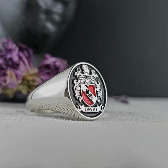 Custom Family Crest Signet Ring: Sterling Silver Oval, Red Enamel