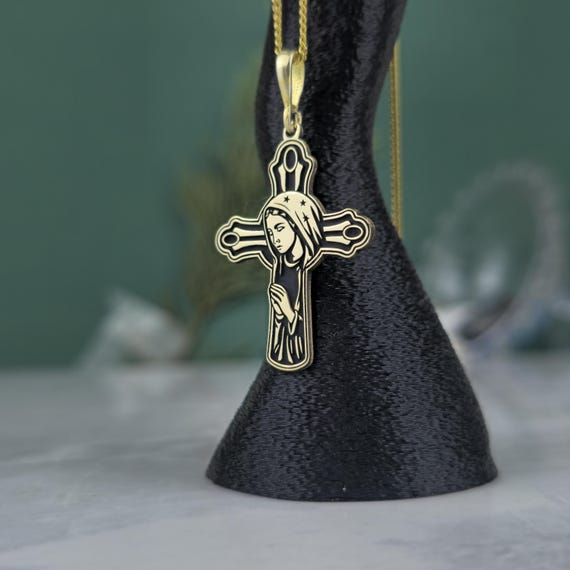 Virgin Mary Cross Pendant • Gold Plated 925 Sterling Silver Religious Necklace • Catholic Christian Jewelry for Men & Women