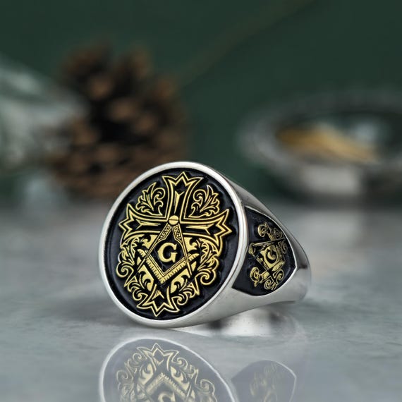 Royal Masonic Ring | Sterling Silver Freemason Signet Ring | Gold Tone Square Compass Cross Ring | Men's Symbolic Jewelry