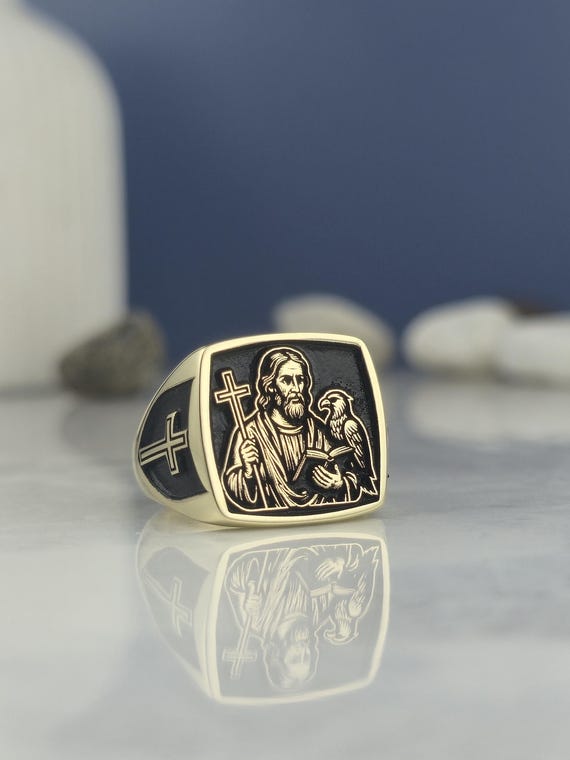 Gold Plated Saint Peter Signet Ring with Cross - Lamb | Religious Christian Jewelry for Men & Women | Handmade Faith Ring | Unisex Gift Idea