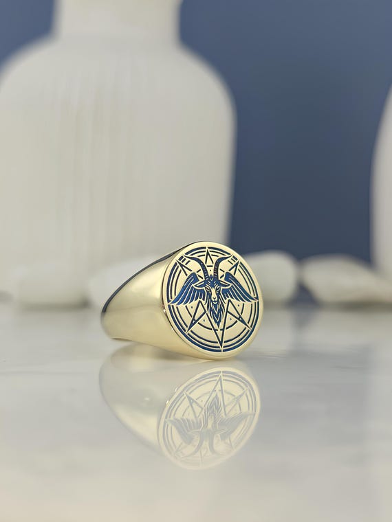 Gold Plated Baphomet Signet Ring: Handmade Gothic Occult Jewelry