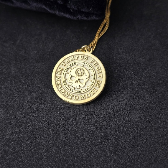 Memento Mori Skull Necklace: Tempus Fugit Coin Pendant, Sterling Silver or Gold Plated