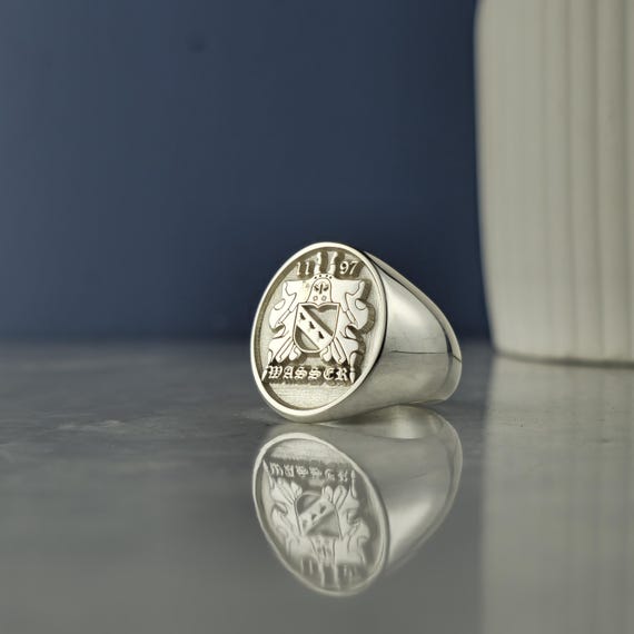 Sterling Silver Family Crest Signet Ring: Engraved WASSER Coat of Arms, 1717