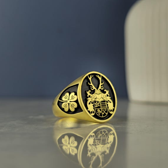 Custom Family Crest Signet Ring: Gold Plated Sterling Silver, Hand-Engraved